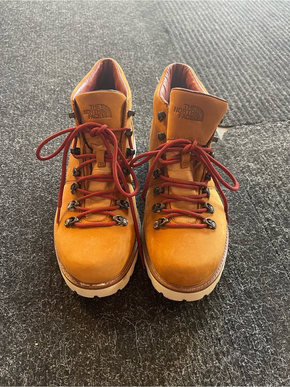 The North Face Tan Leather Hiking Boots with Red Laces